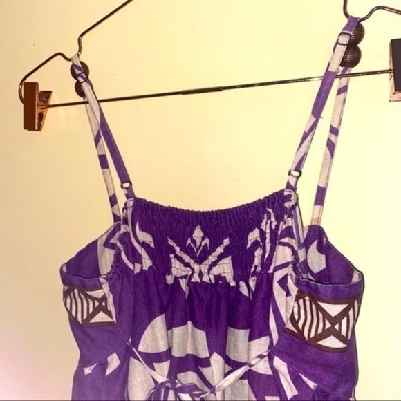 Day Dress Linen Feel Pleated Purple Print Dress - Picture 12 of 12